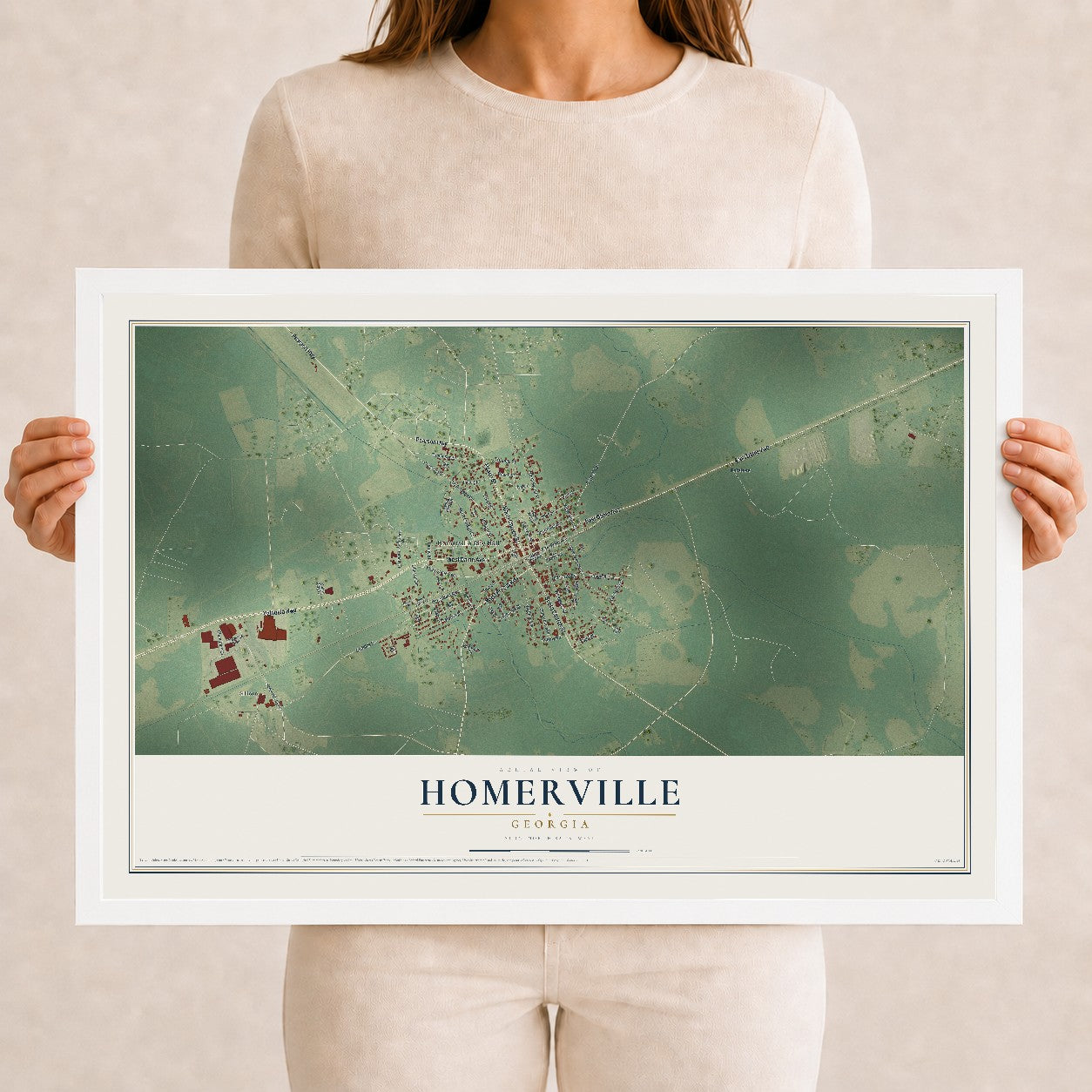 Homerville, Georgia map print, 12" x 18" W/ White Ayous Wood Frame mockup