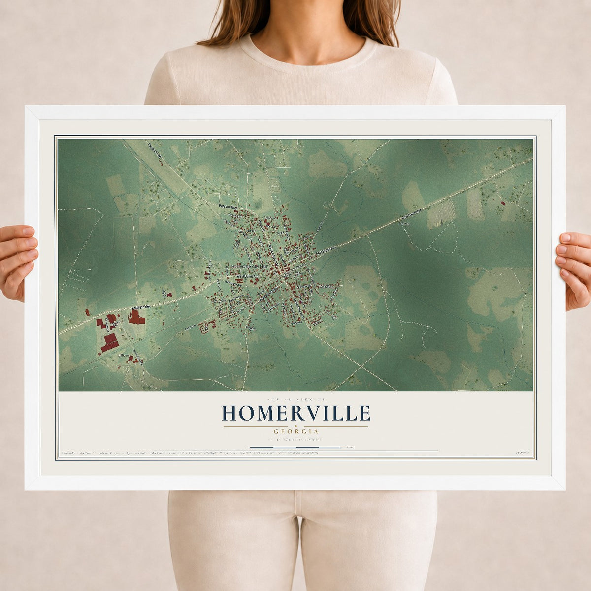 Homerville, Georgia map print, 18" x 24" W/ White Ayous Wood Frame mockup