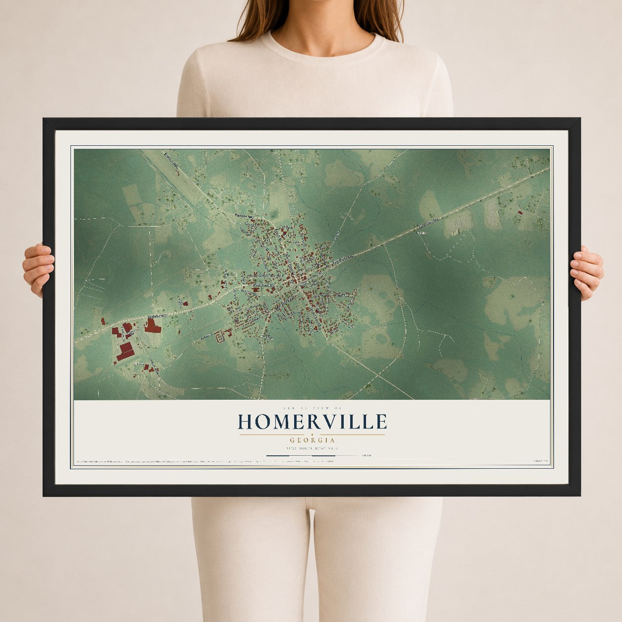 Homerville, Georgia map print, 24" x 36" W/ Black Ayous Wood Frame mockup