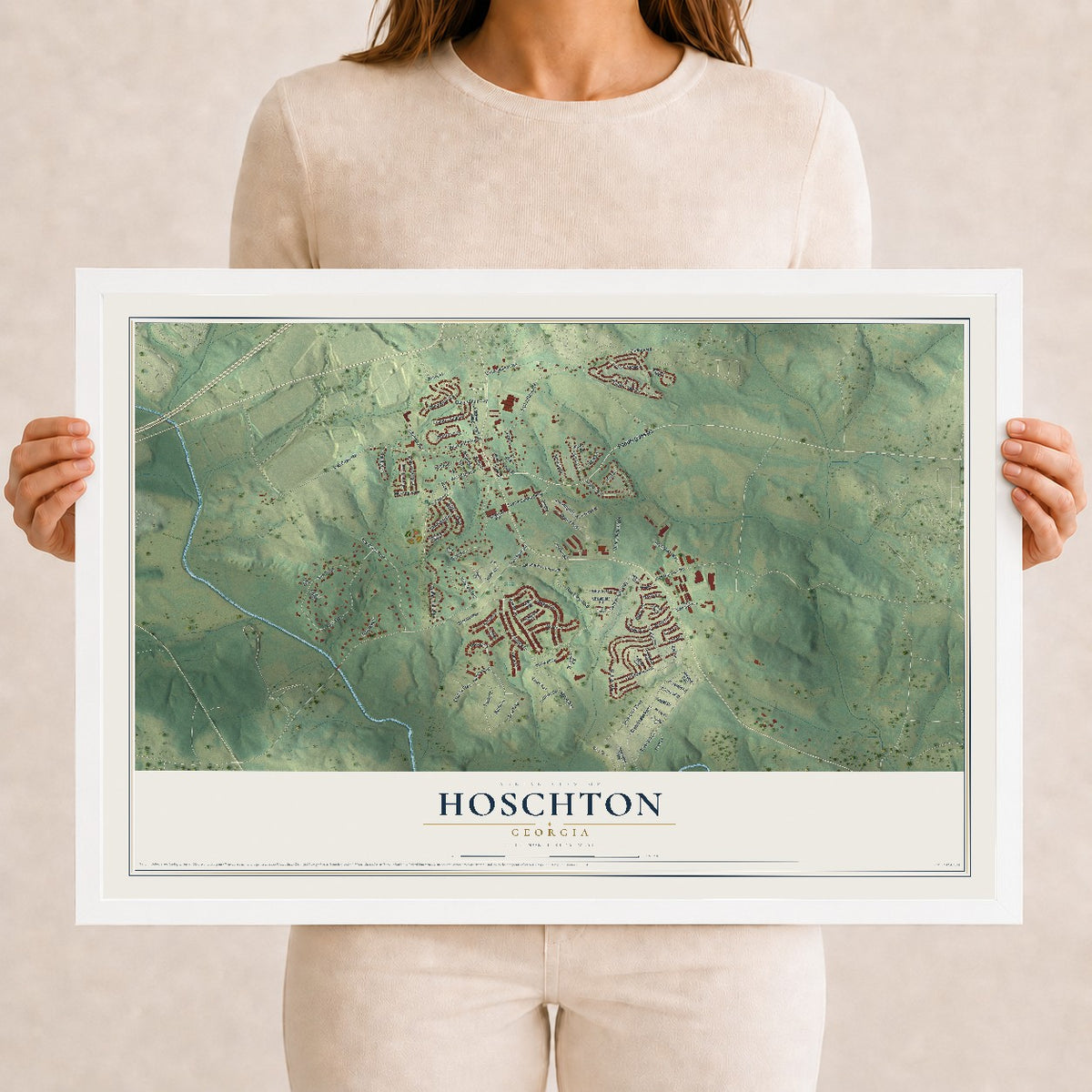 Hoschton, Georgia map print, 12" x 18" W/ White Ayous Wood Frame mockup