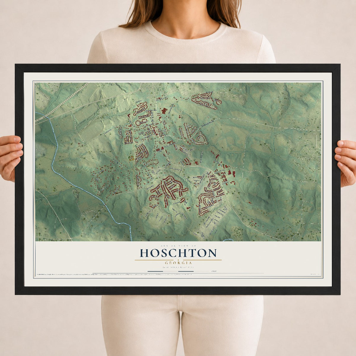 Hoschton, Georgia map print, 18" x 24" W/ Black Ayous Wood Frame mockup