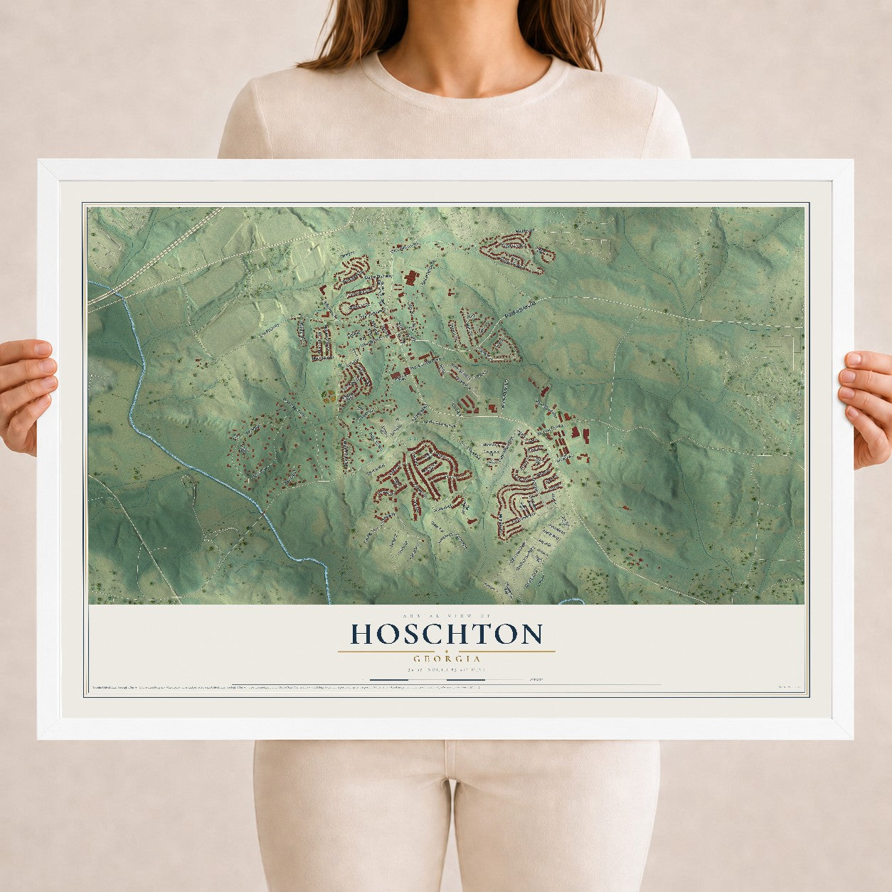 Hoschton, Georgia map print, 18" x 24" W/ White Ayous Wood Frame mockup
