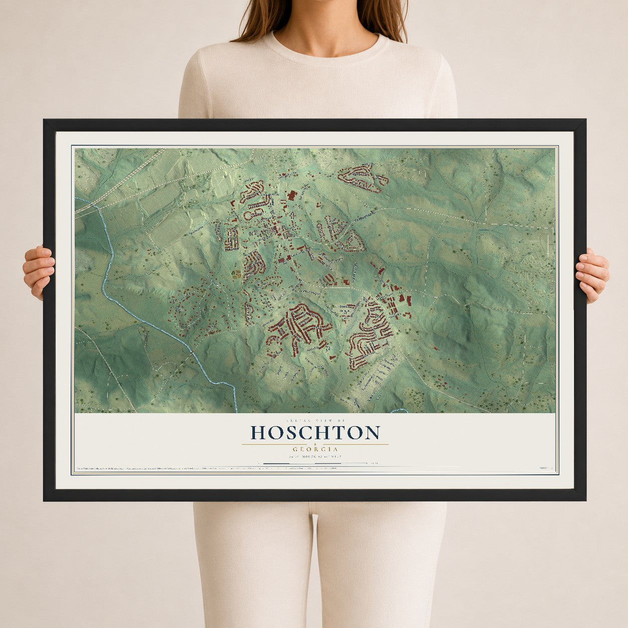 Hoschton, Georgia map print, 24" x 36" W/ Black Ayous Wood Frame mockup