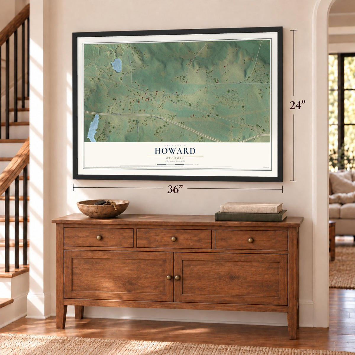 Howard, Georgia map, 24 x 36 inch print in a black frame above a dresser by a staircase