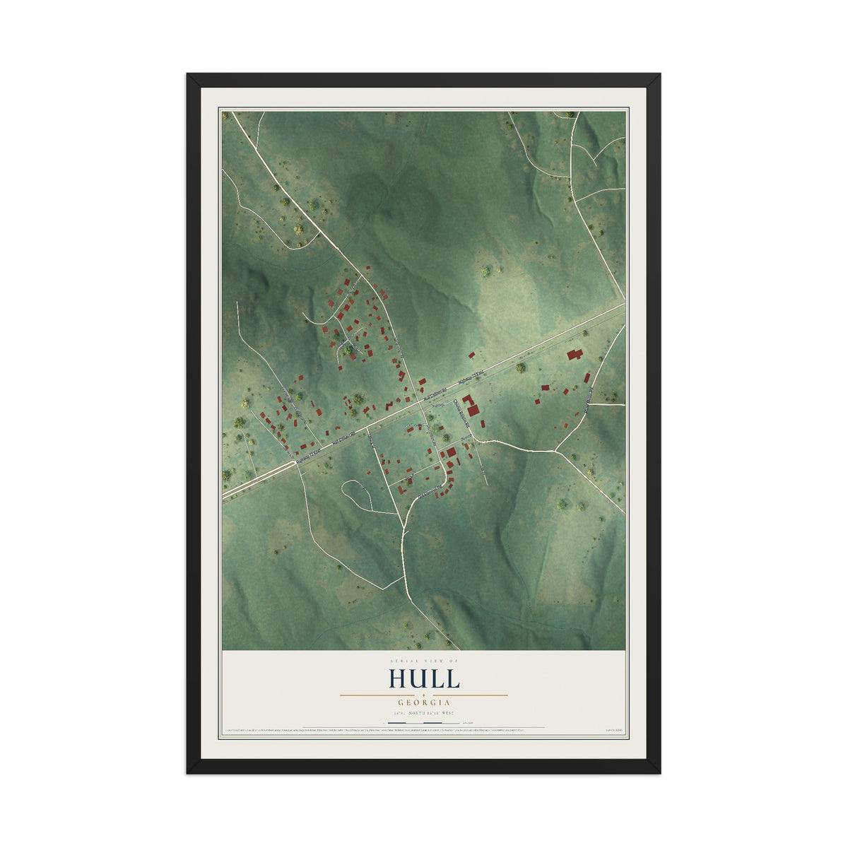 Hull, Georgia map print, 12" x 18" W/ Black Ayous Wood Frame mockup