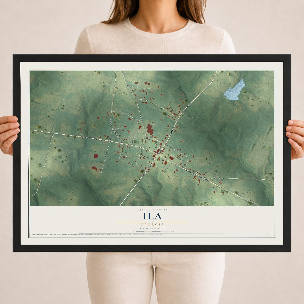 Ila, Georgia map print, 18" x 24" W/ Black Ayous Wood Frame mockup