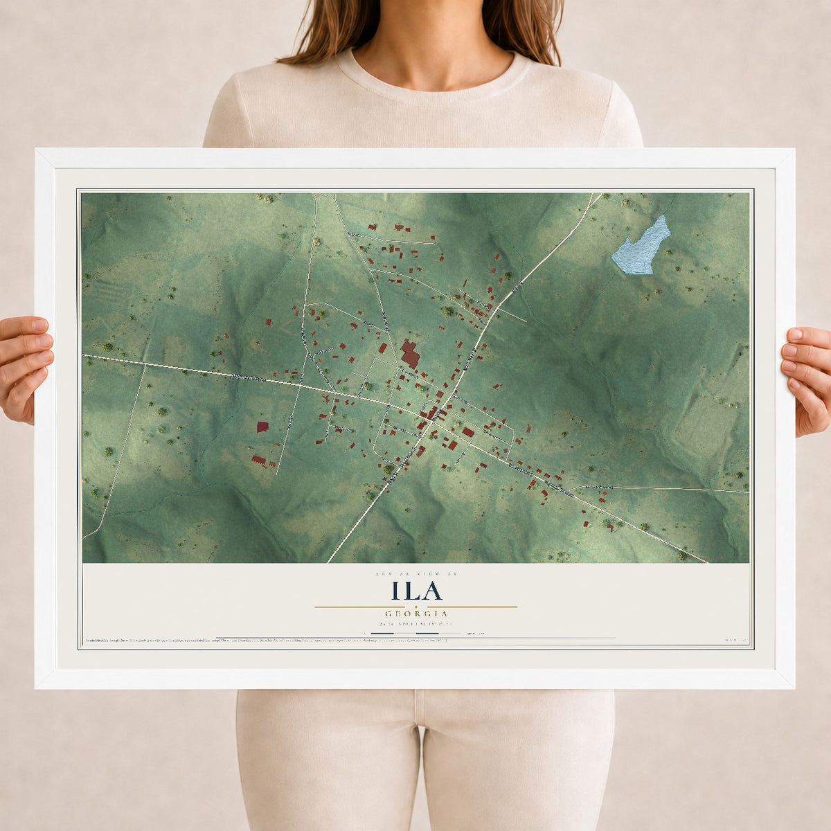 Ila, Georgia map print, 18" x 24" W/ White Ayous Wood Frame mockup