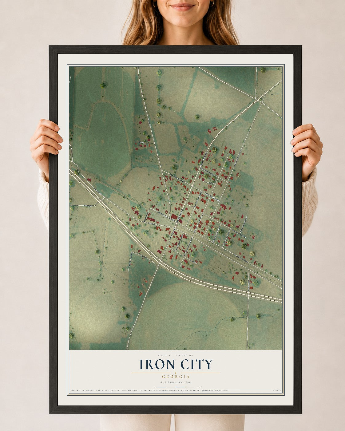 Iron City, Georgia map print, 24" x 36" W/ Black Ayous Wood Frame mockup