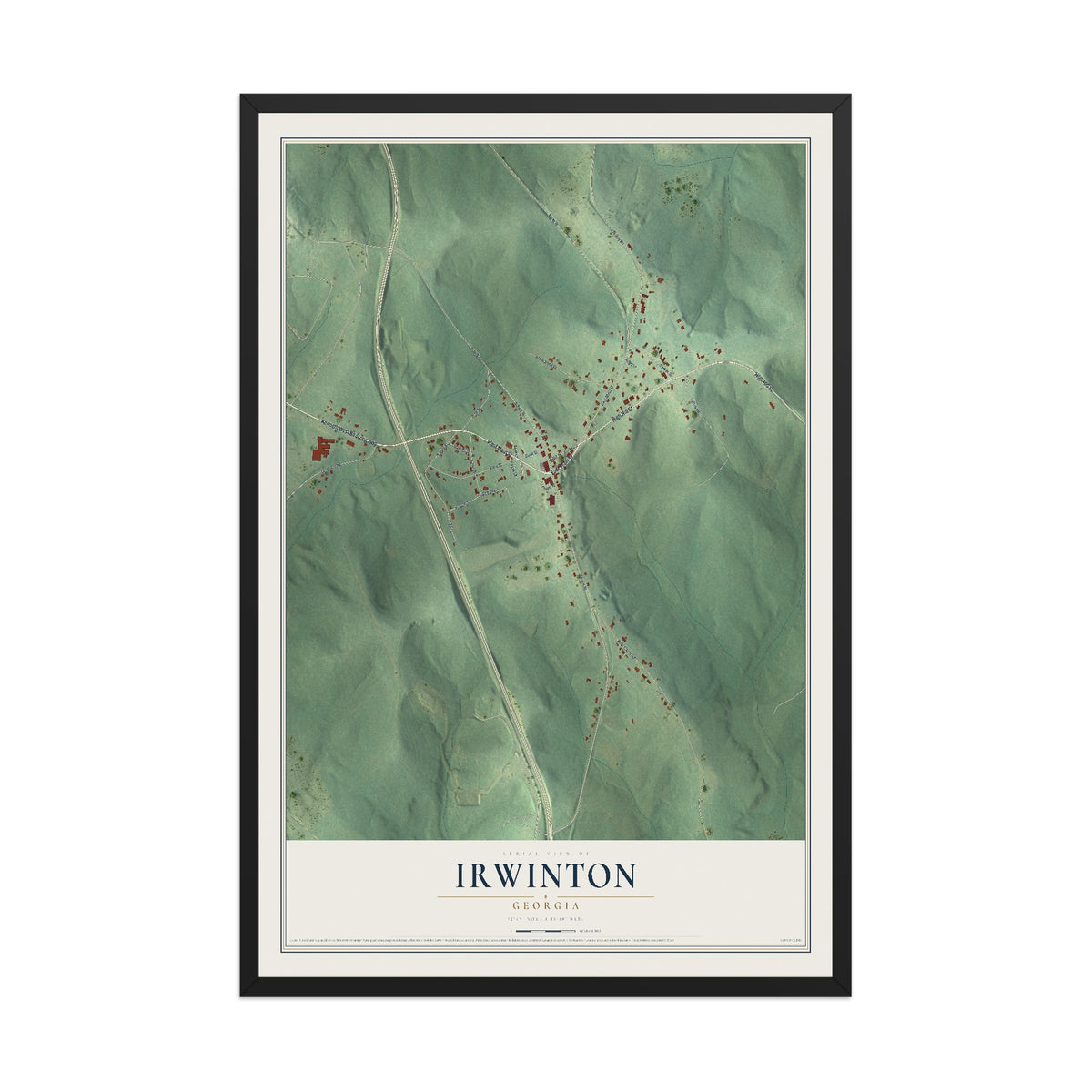 Irwinton, Georgia map print, 12" x 18" W/ Black Ayous Wood Frame mockup
