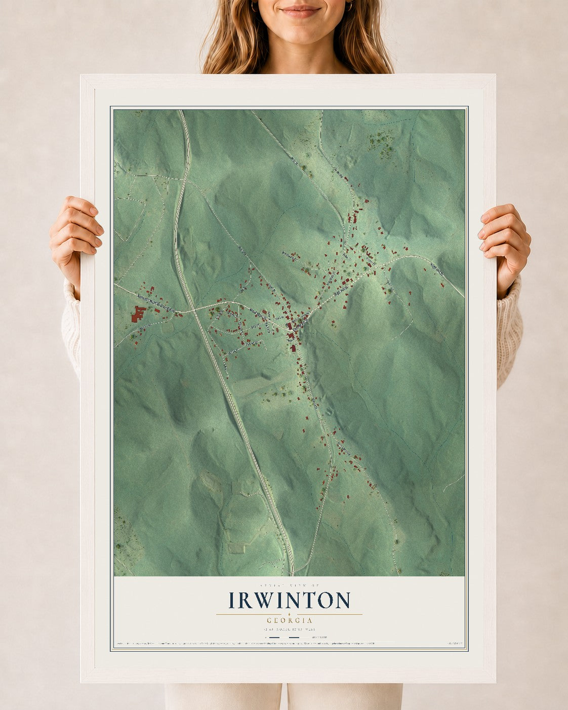 Irwinton, Georgia map print, 24" x 36" W/ White Ayous Wood Frame mockup