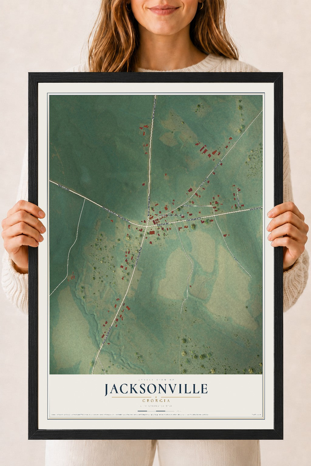 Jacksonville, Georgia map print, 18" x 24" W/ Black Ayous Wood Frame mockup