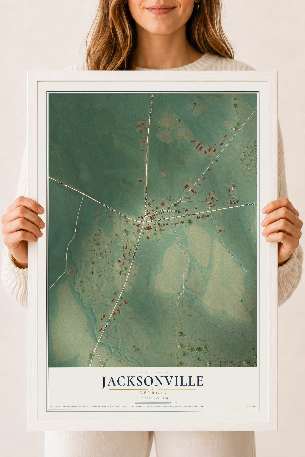 Jacksonville, Georgia map print, 18" x 24" W/ White Ayous Wood Frame mockup