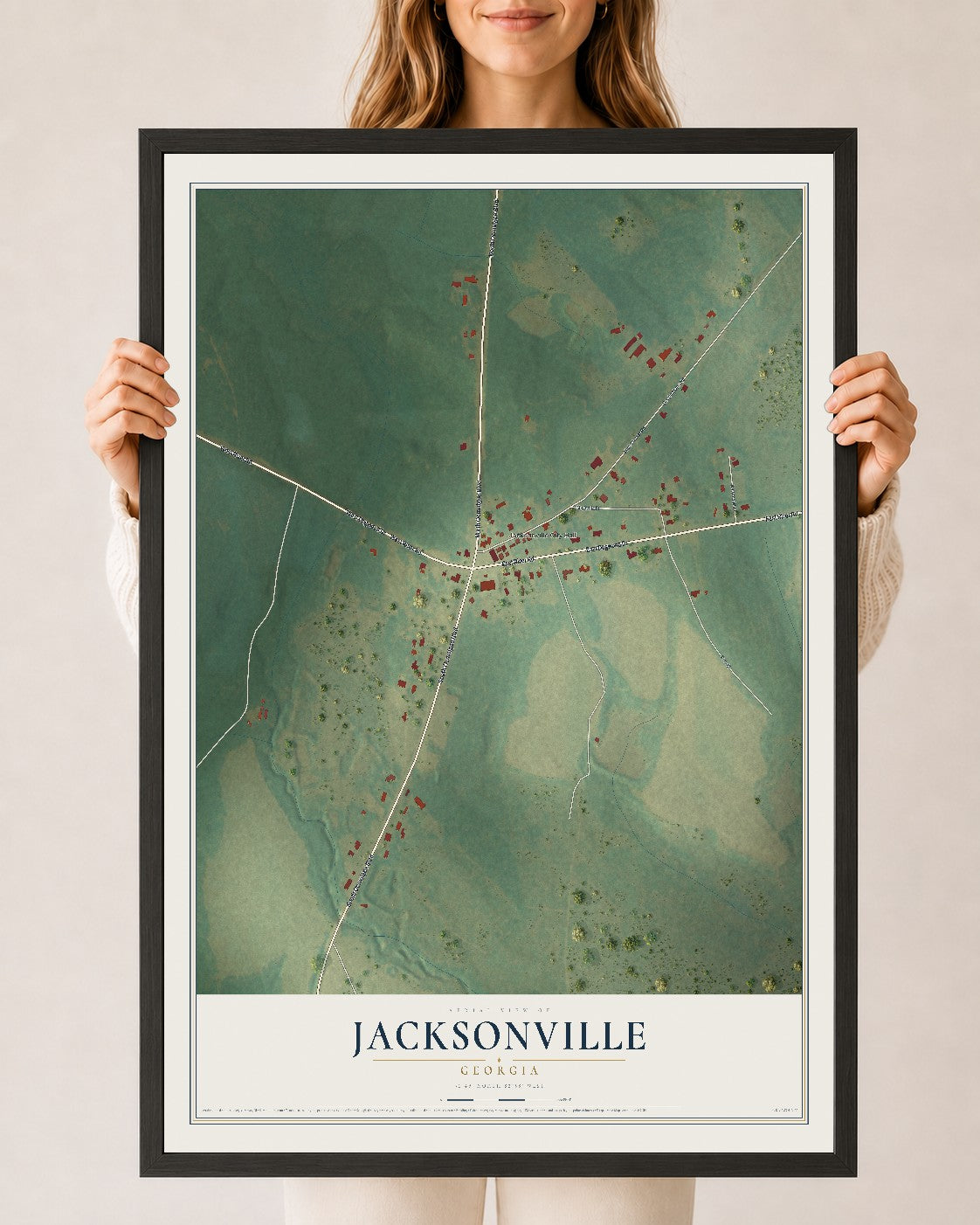 Jacksonville, Georgia map print, 24" x 36" W/ Black Ayous Wood Frame mockup