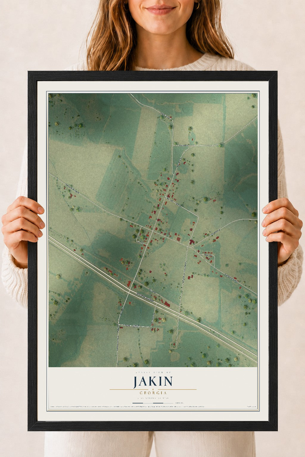 Jakin, Georgia map print, 18" x 24" W/ Black Ayous Wood Frame mockup