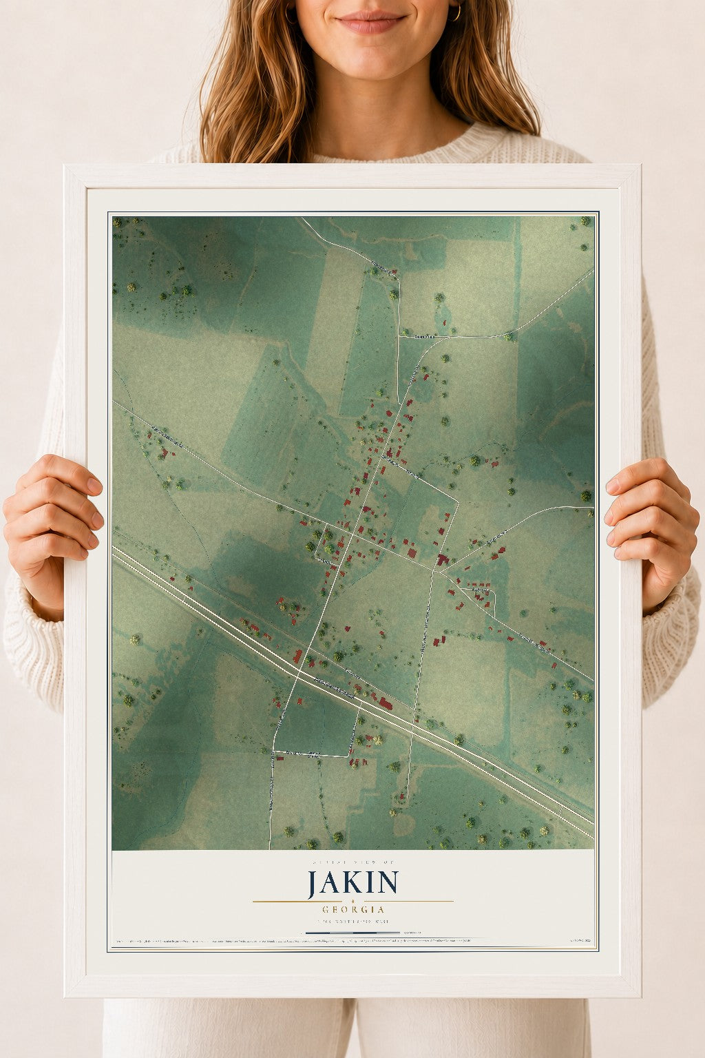 Jakin, Georgia map print, 18" x 24" W/ White Ayous Wood Frame mockup