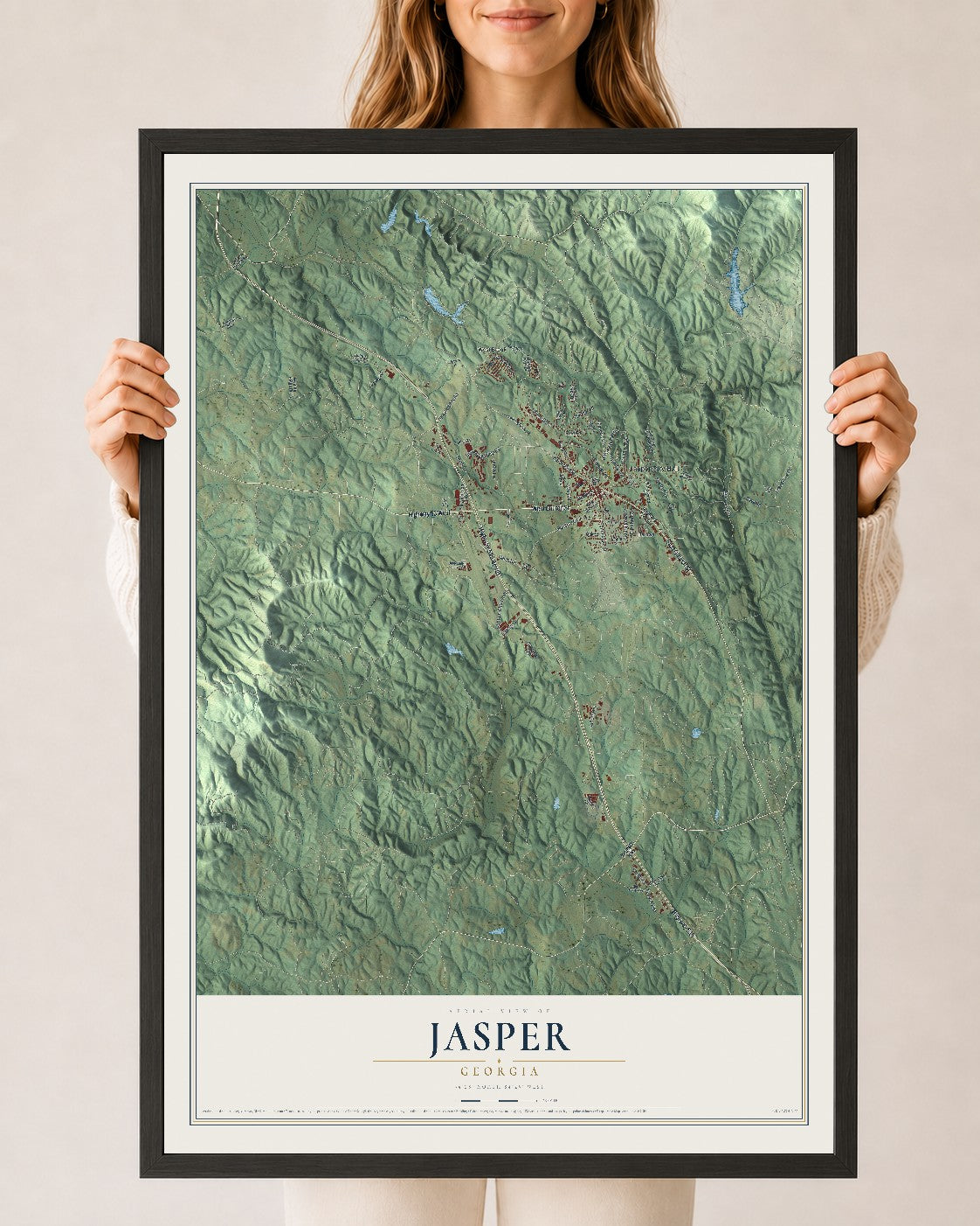 Jasper, Georgia map print, 24" x 36" W/ Black Ayous Wood Frame mockup