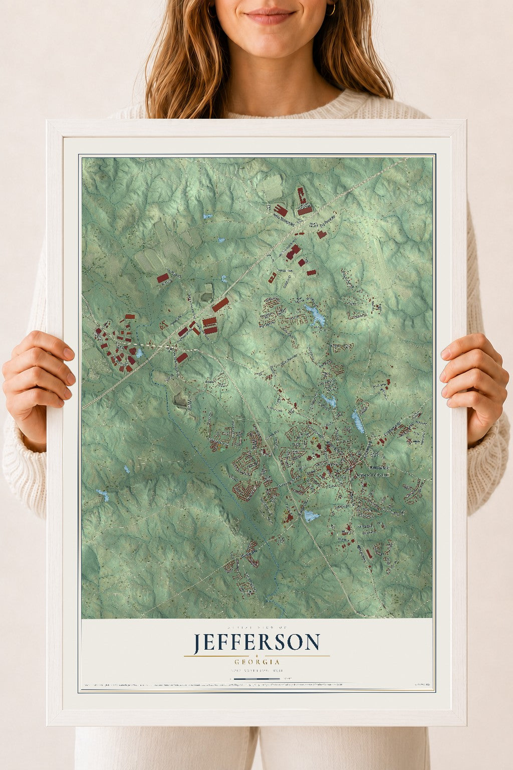 Jefferson, Georgia map print, 18" x 24" W/ White Ayous Wood Frame mockup