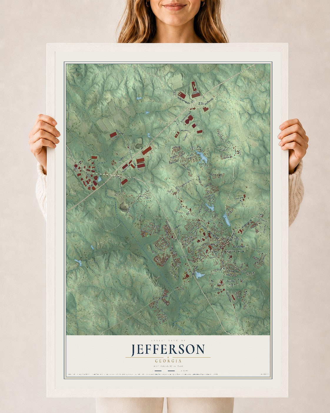 Jefferson, Georgia map print, 24" x 36" W/ White Ayous Wood Frame mockup