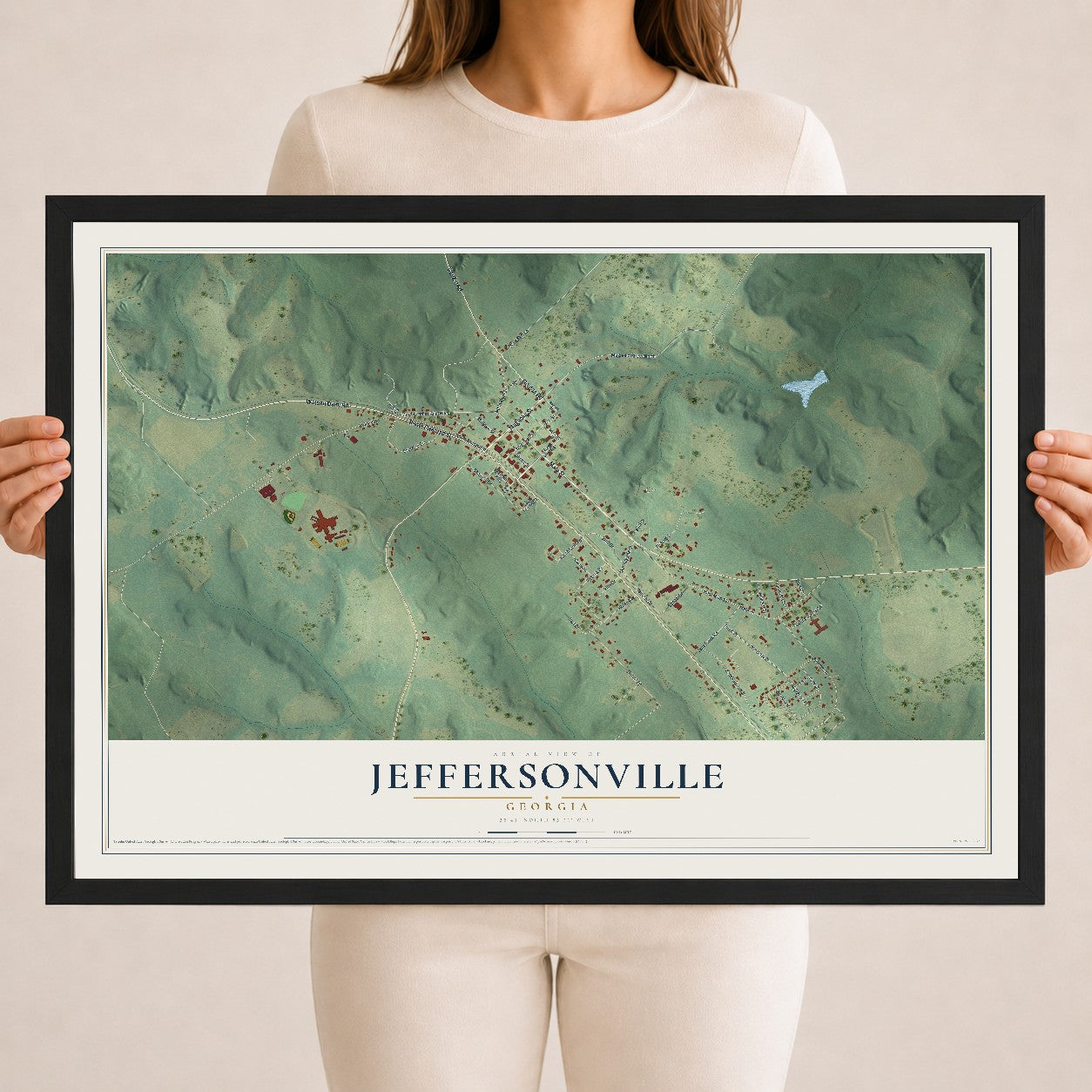 Jeffersonville, Georgia map print, 18" x 24" W/ Black Ayous Wood Frame mockup