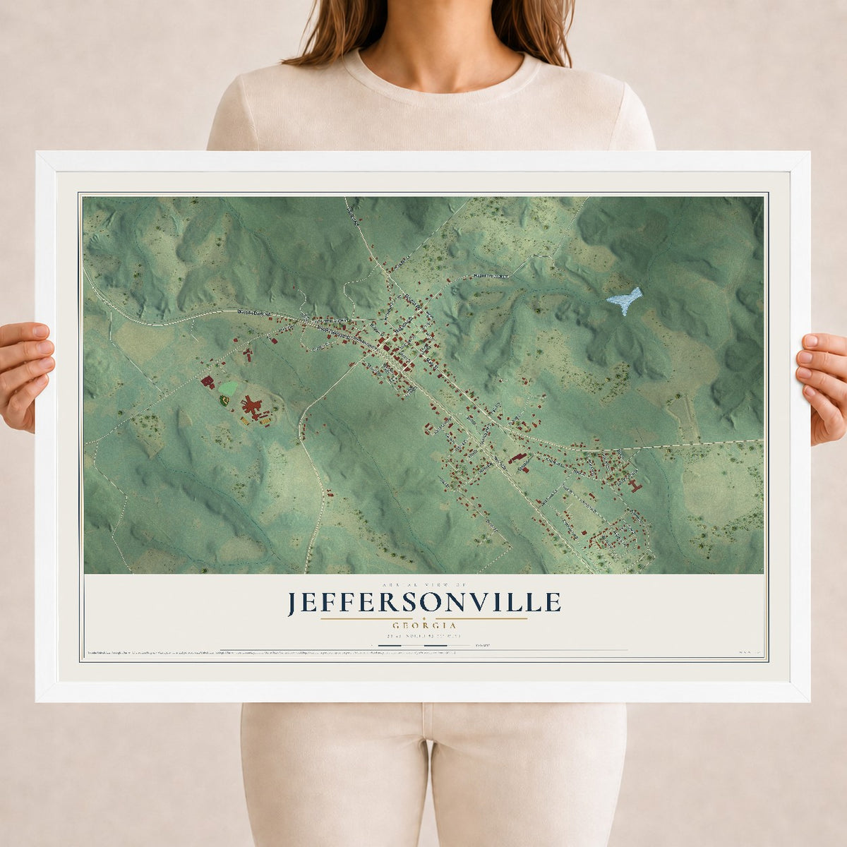 Jeffersonville, Georgia map print, 18" x 24" W/ White Ayous Wood Frame mockup