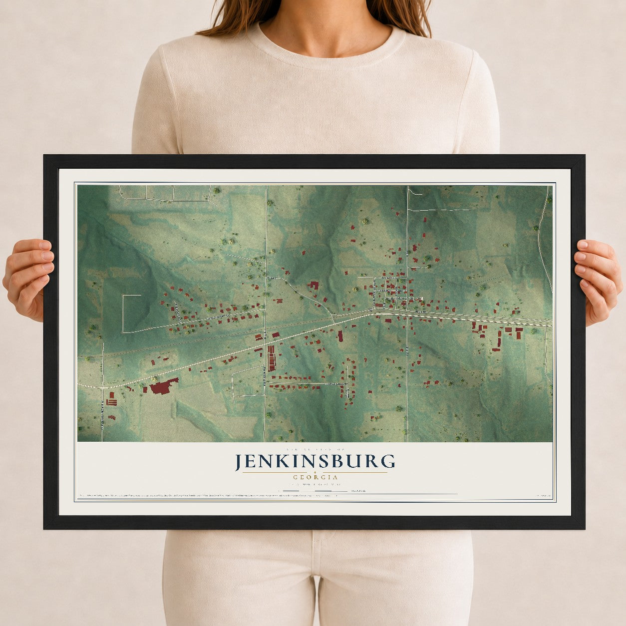 Jenkinsburg, Georgia map print, 12" x 18" W/ Black Ayous Wood Frame mockup