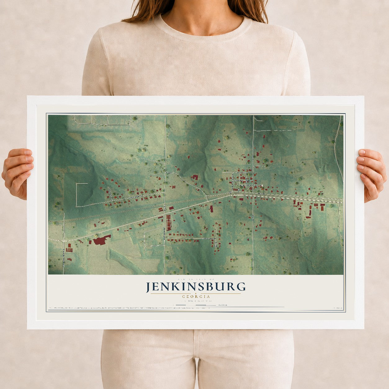 Jenkinsburg, Georgia map print, 12" x 18" W/ White Ayous Wood Frame mockup