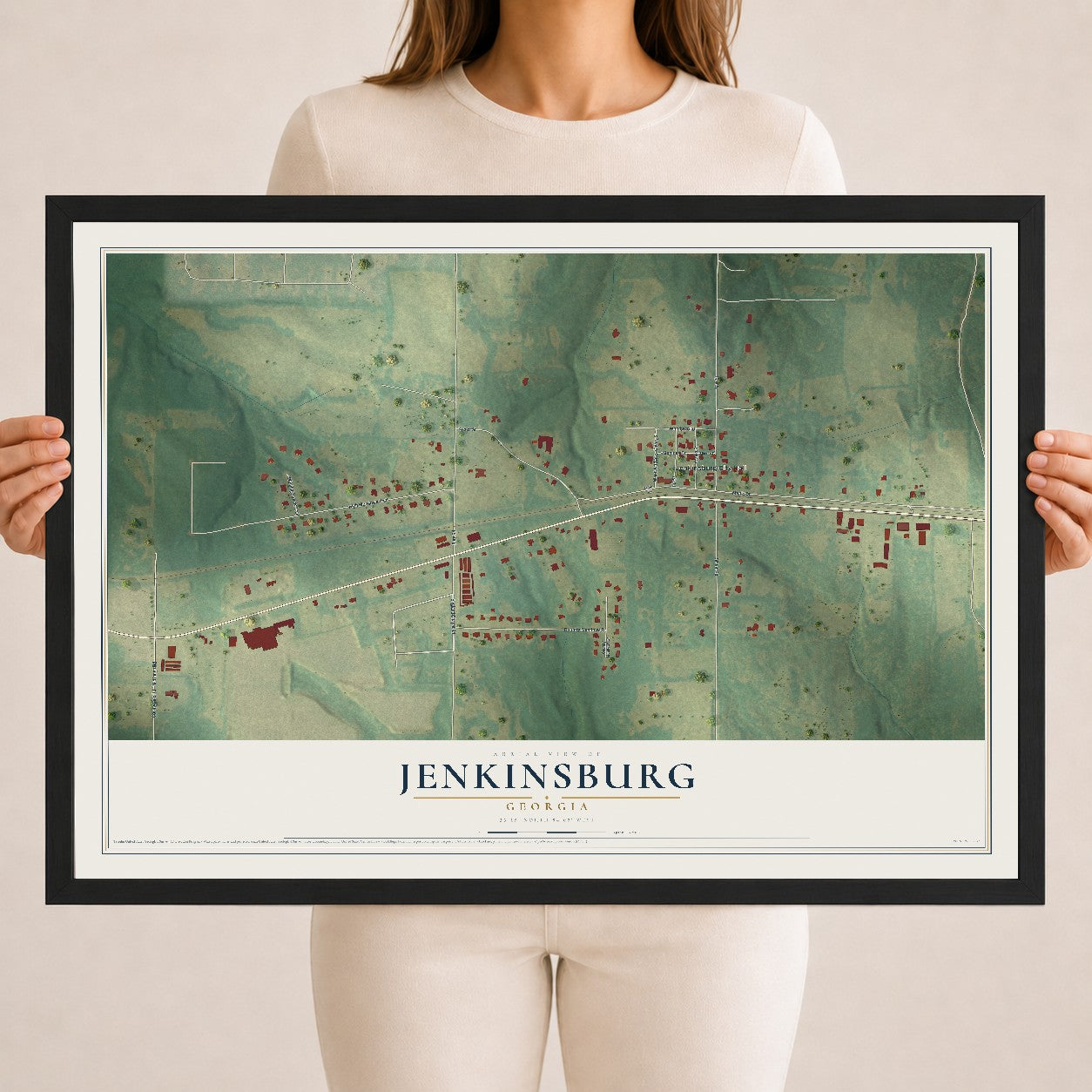 Jenkinsburg, Georgia map print, 18" x 24" W/ Black Ayous Wood Frame mockup