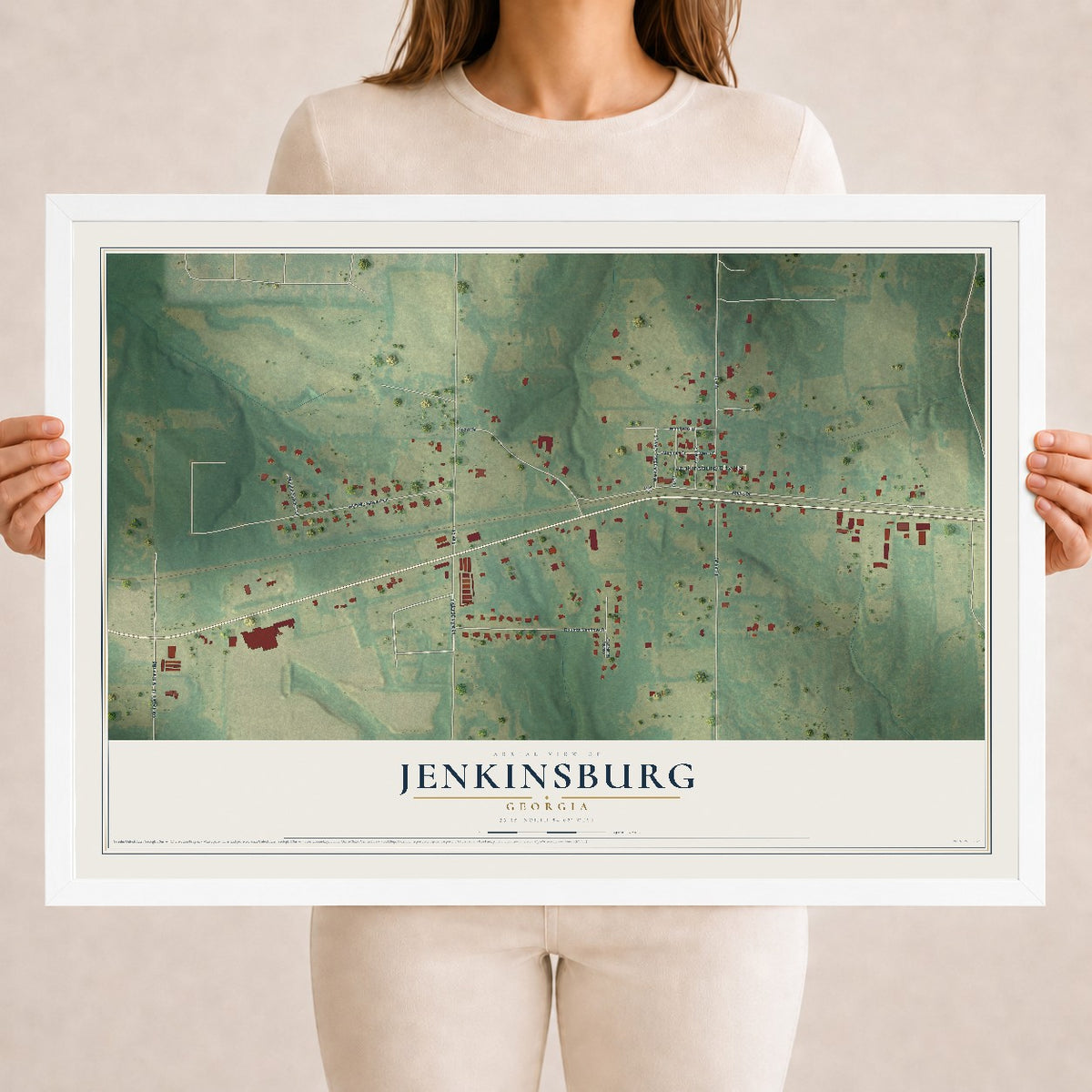 Jenkinsburg, Georgia map print, 18" x 24" W/ White Ayous Wood Frame mockup