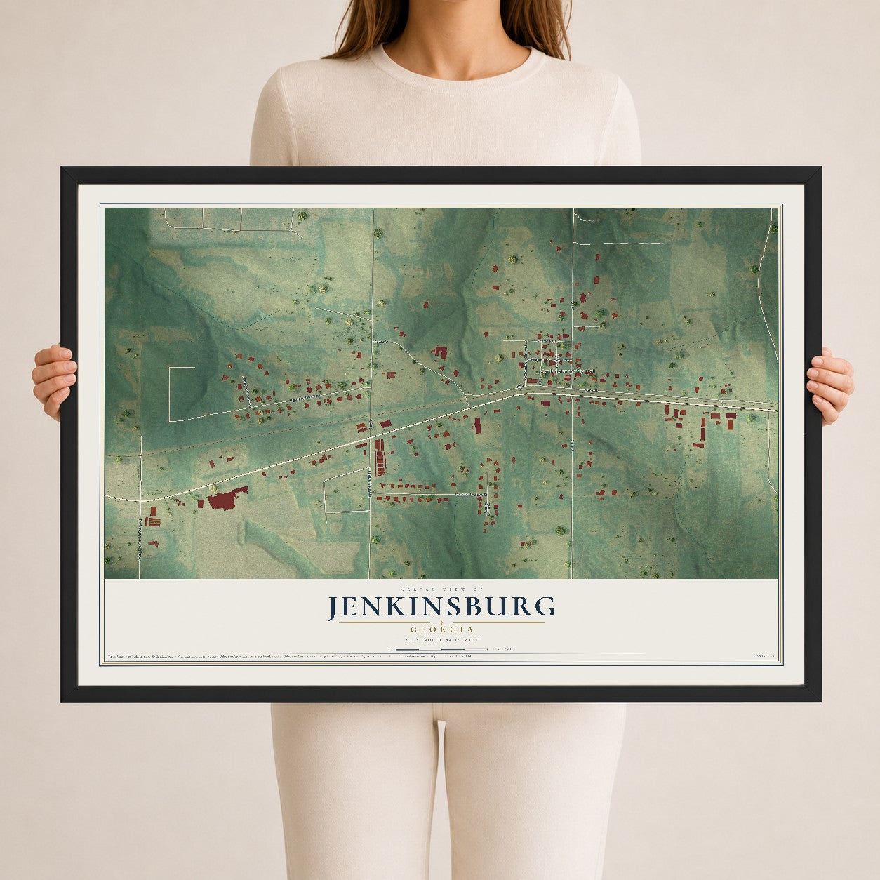 Jenkinsburg, Georgia map print, 24" x 36" W/ Black Ayous Wood Frame mockup