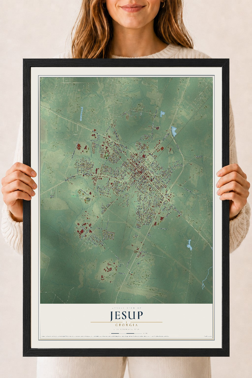 Jesup, Georgia map print, 18" x 24" W/ Black Ayous Wood Frame mockup