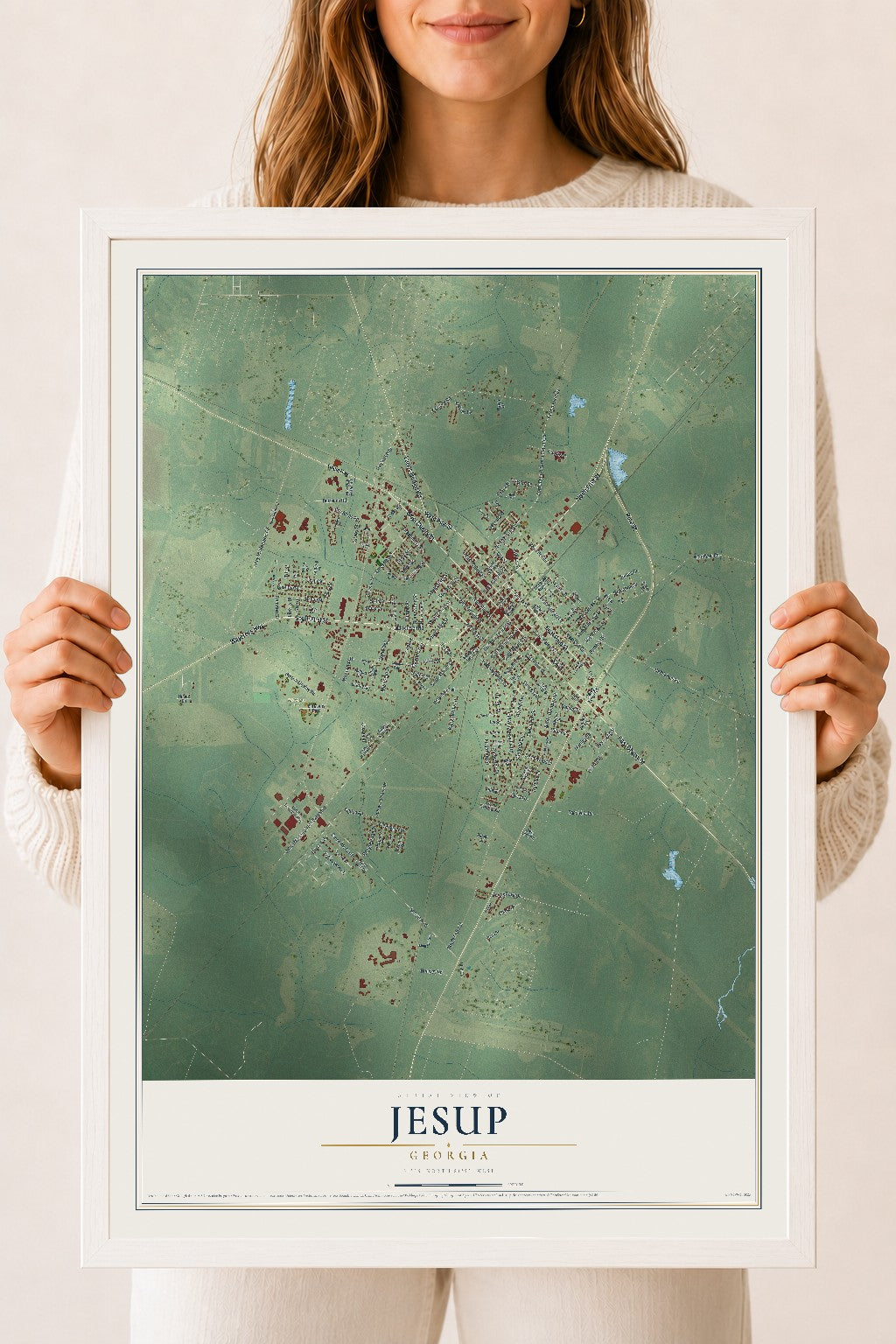 Jesup, Georgia map print, 18" x 24" W/ White Ayous Wood Frame mockup