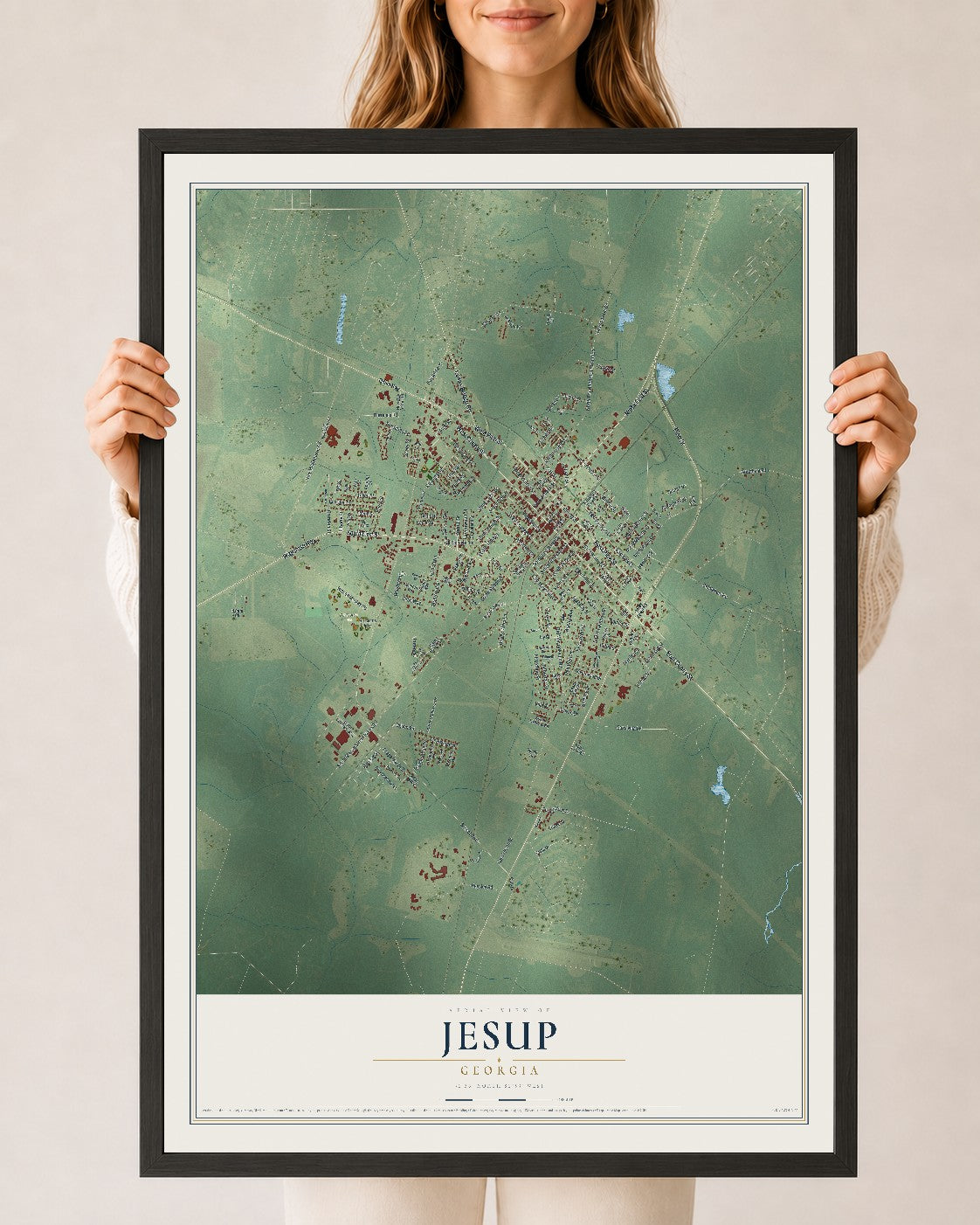 Jesup, Georgia map print, 24" x 36" W/ Black Ayous Wood Frame mockup