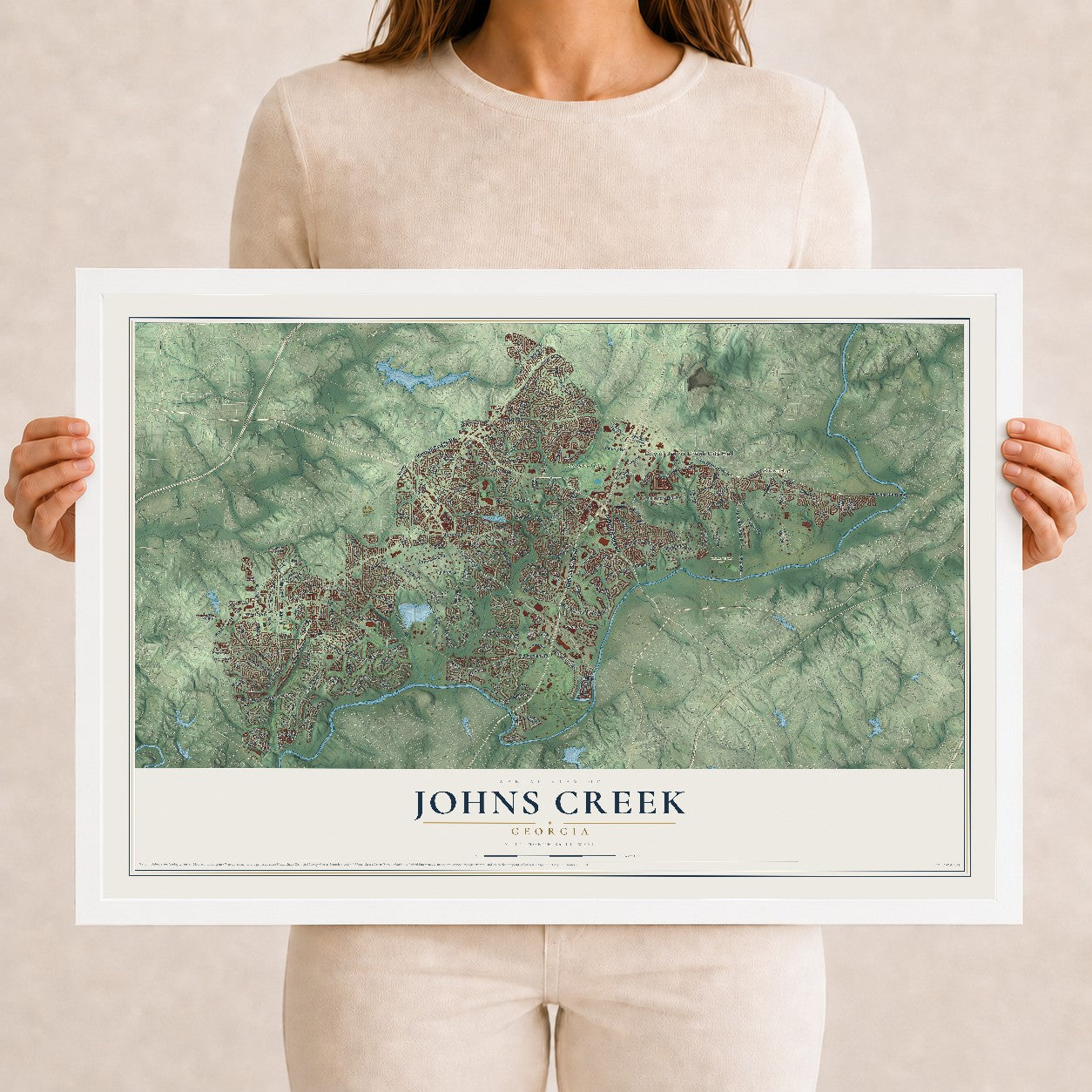 Johns Creek, Georgia map print, 12" x 18" W/ White Ayous Wood Frame mockup