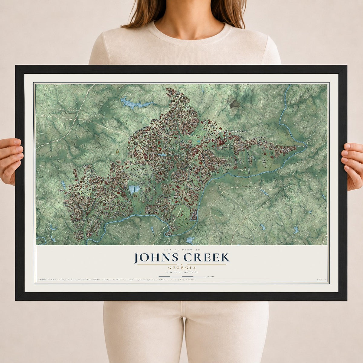 Johns Creek, Georgia map print, 18" x 24" W/ Black Ayous Wood Frame mockup