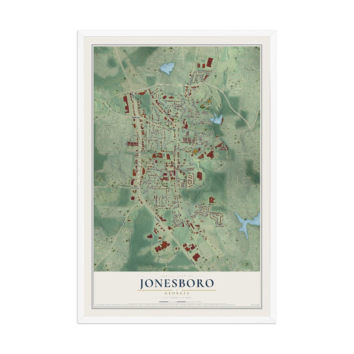 Jonesboro, Georgia map print, 12" x 18" W/ White Ayous Wood Frame mockup