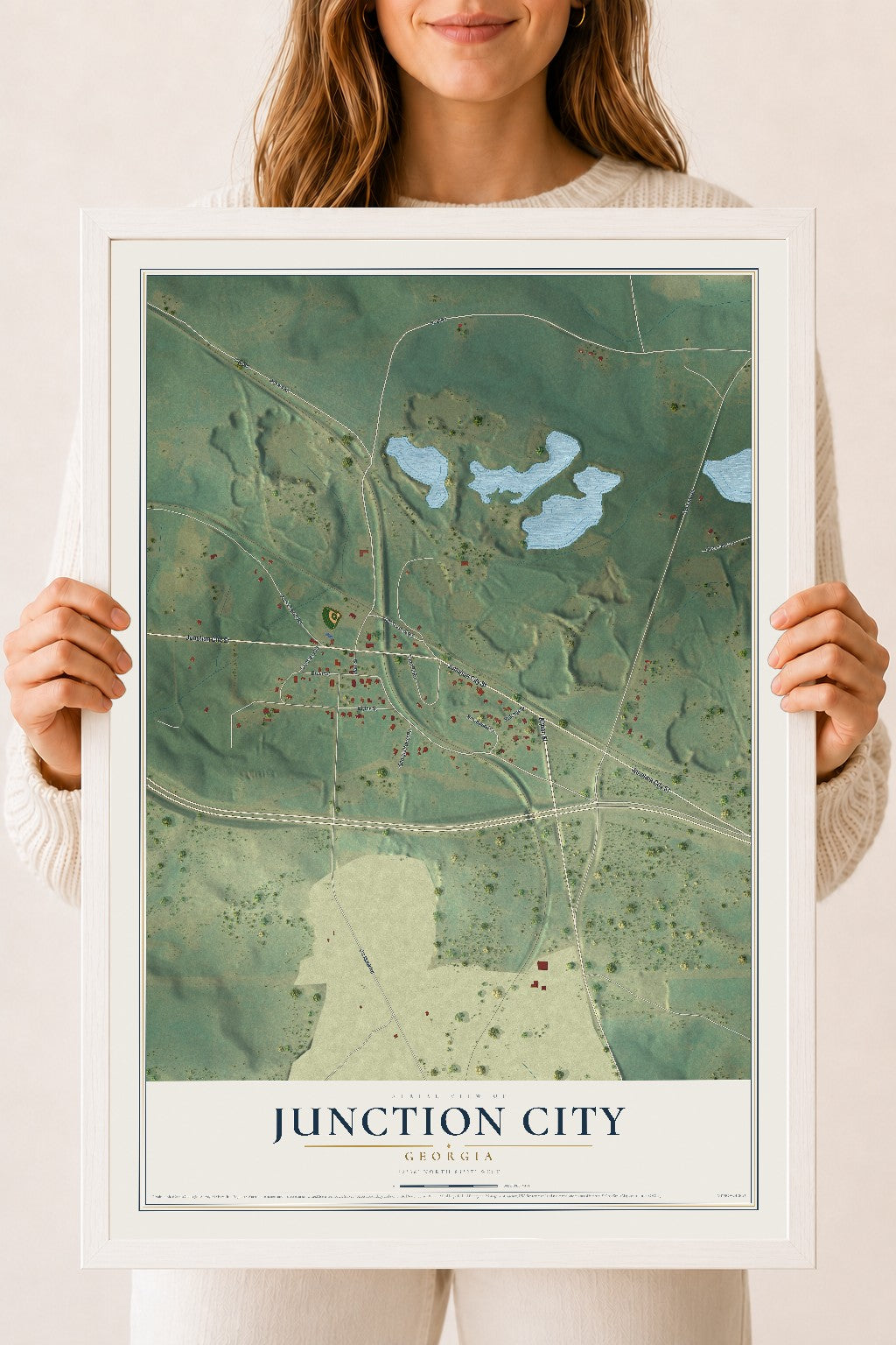 Junction City, Georgia map print, 18" x 24" W/ White Ayous Wood Frame mockup