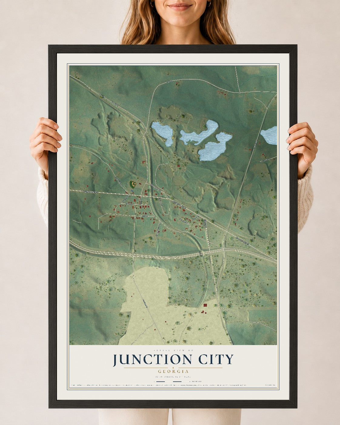 Junction City, Georgia map print, 24" x 36" W/ Black Ayous Wood Frame mockup