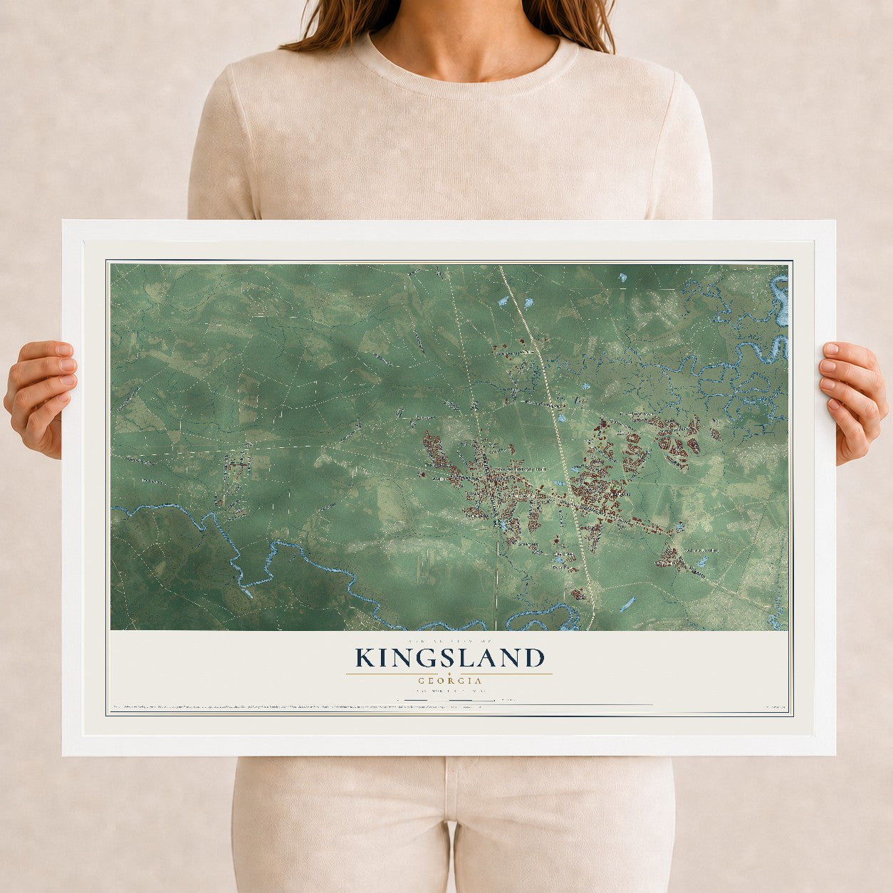 Kingsland, Georgia map print, 12" x 18" W/ White Ayous Wood Frame mockup