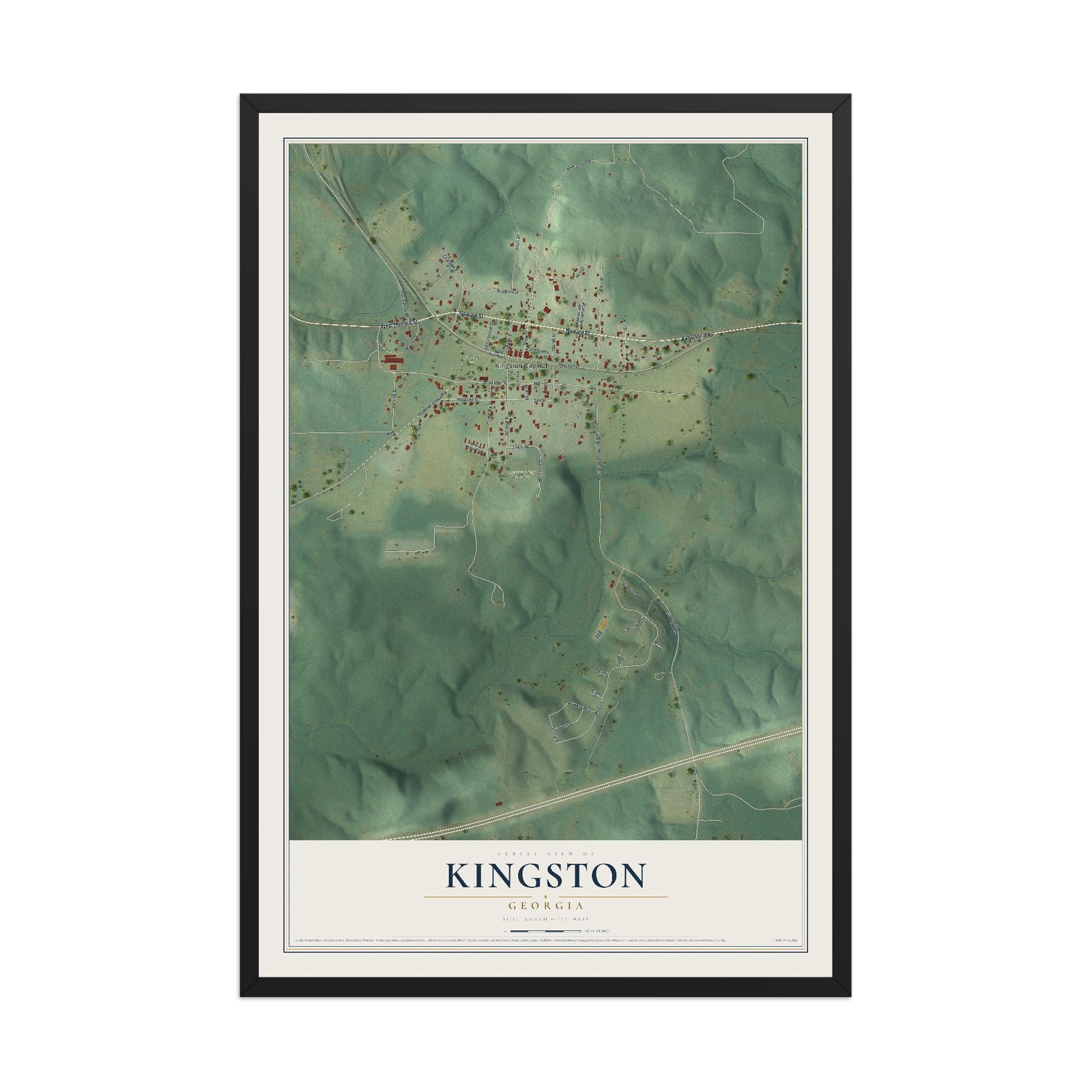 Kingston, Georgia map print, 12" x 18" W/ Black Ayous Wood Frame mockup