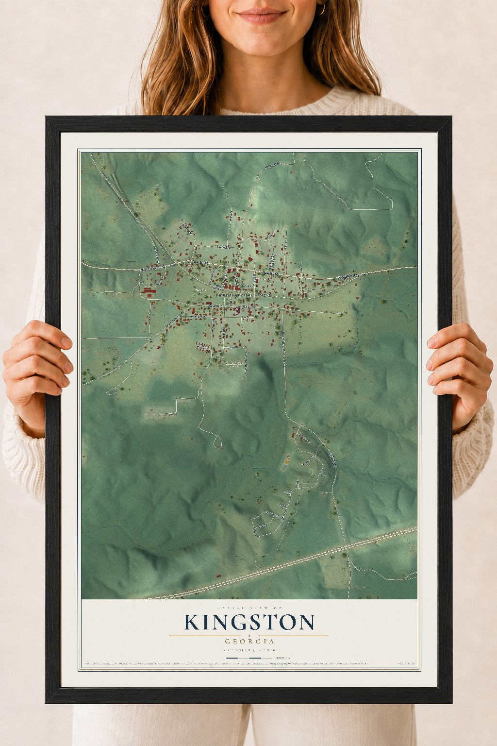 Kingston, Georgia map print, 18" x 24" W/ Black Ayous Wood Frame mockup