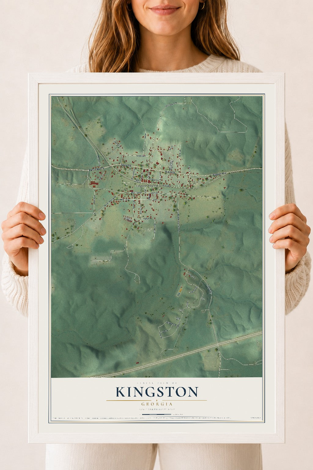 Kingston, Georgia map print, 18" x 24" W/ White Ayous Wood Frame mockup