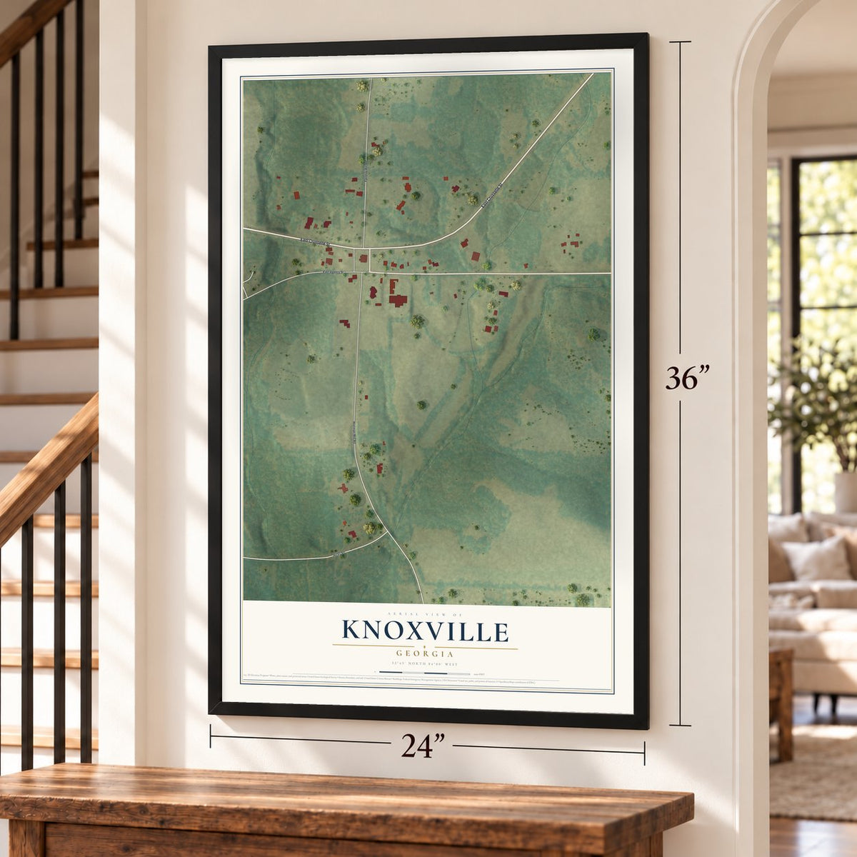 Knoxville, Georgia map, 24 x 36 inch print in a black frame by a staircase