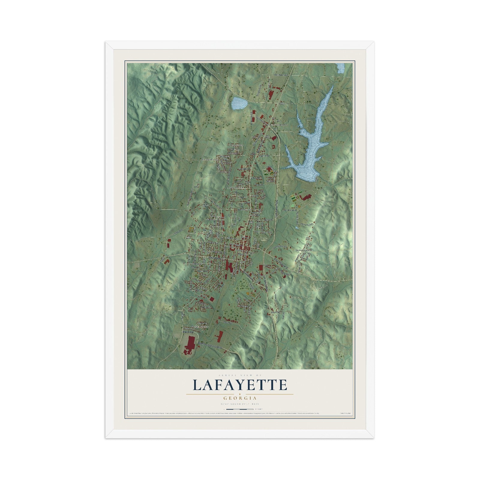 LaFayette, Georgia map print, 12" x 18" W/ White Ayous Wood Frame mockup
