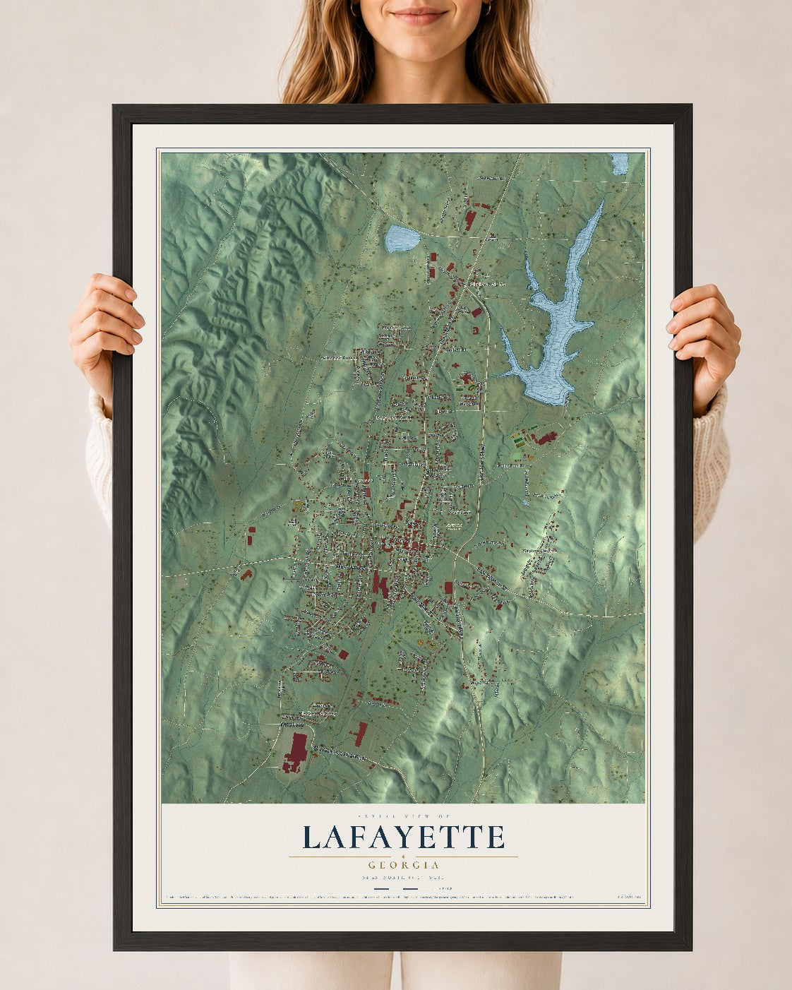 LaFayette, Georgia map print, 24" x 36" W/ Black Ayous Wood Frame mockup