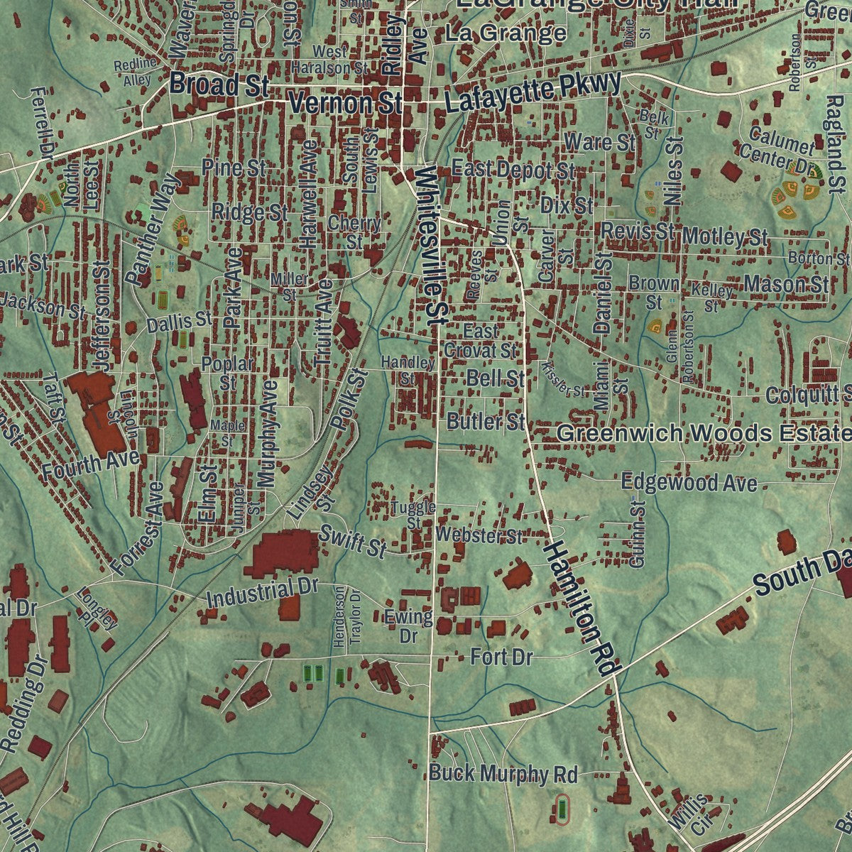 Close-up 1 of the LaGrange, Georgia map artwork