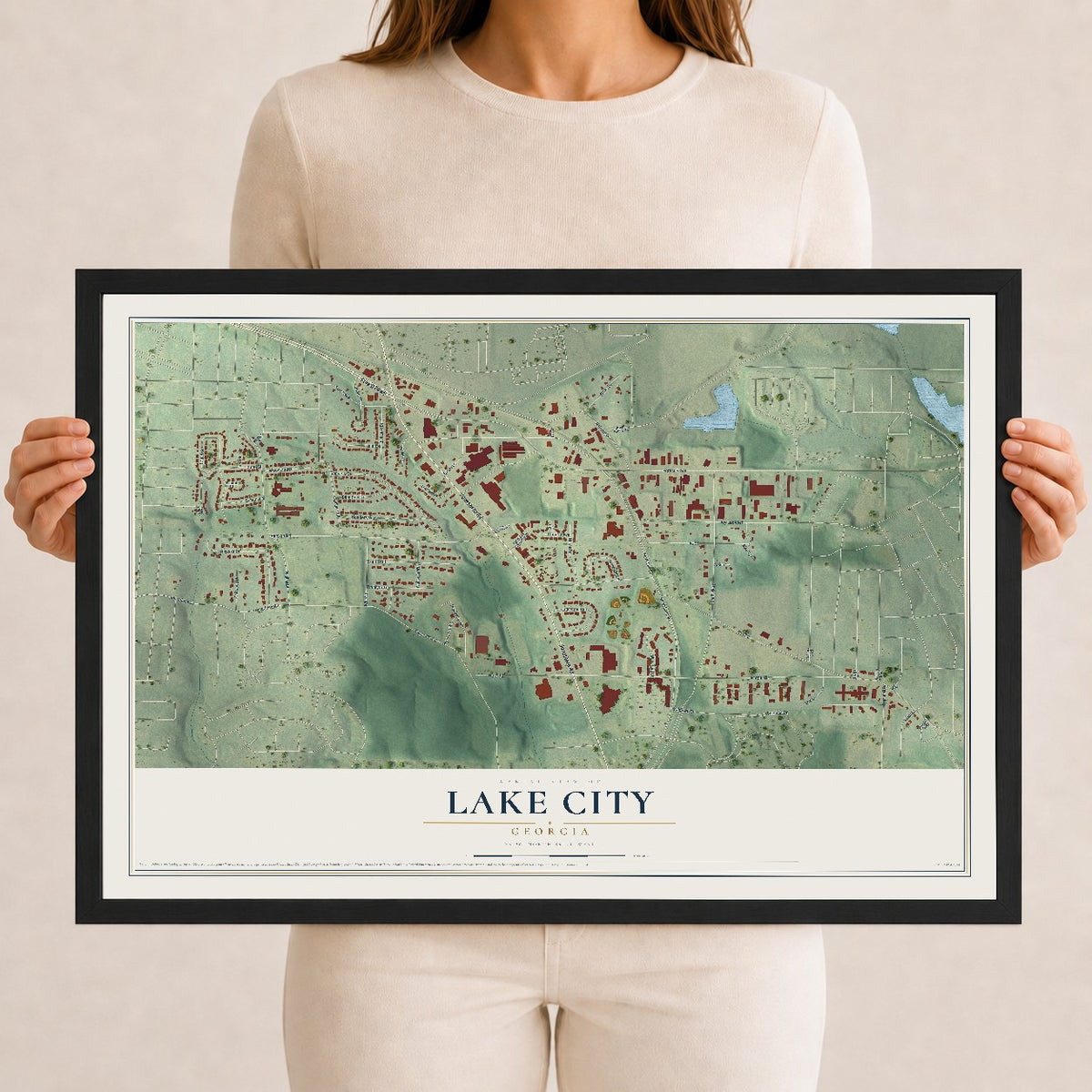 Lake City, Georgia map print, 12" x 18" W/ Black Ayous Wood Frame mockup