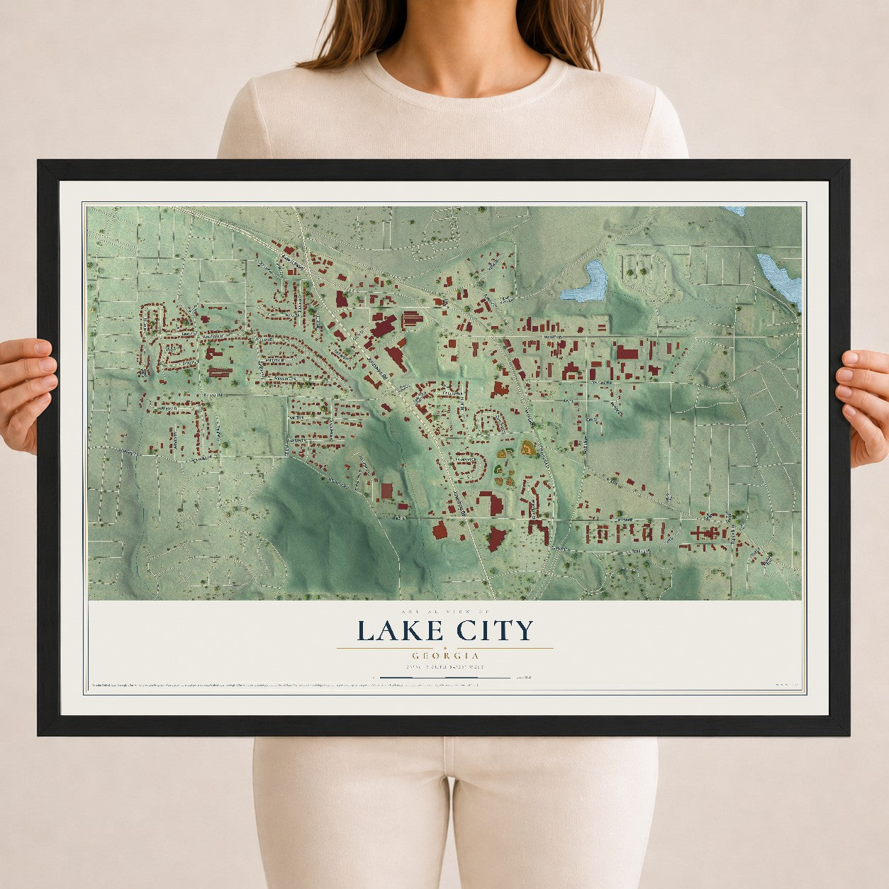 Lake City, Georgia map print, 18" x 24" W/ Black Ayous Wood Frame mockup