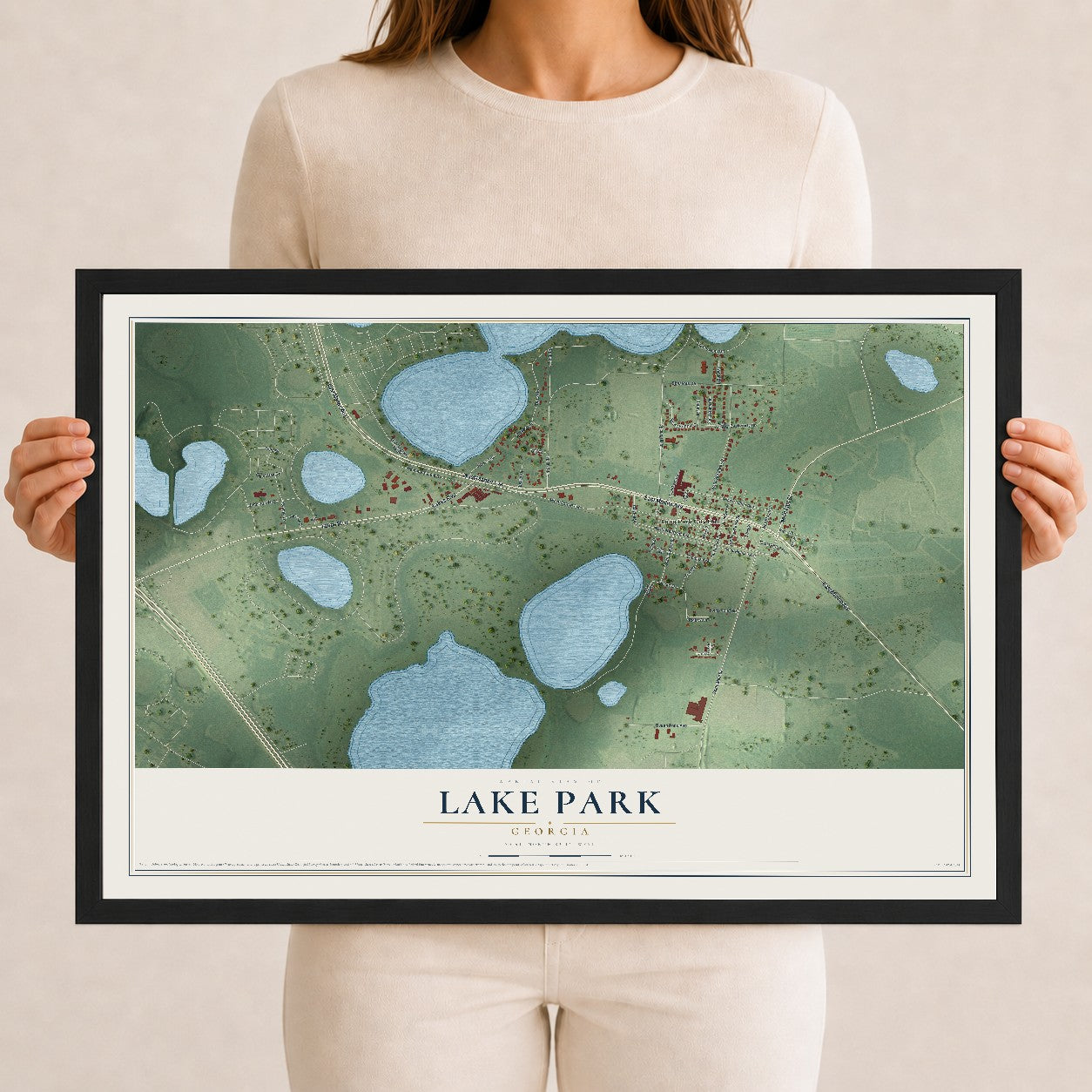 Lake Park, Georgia map print, 12" x 18" W/ Black Ayous Wood Frame mockup