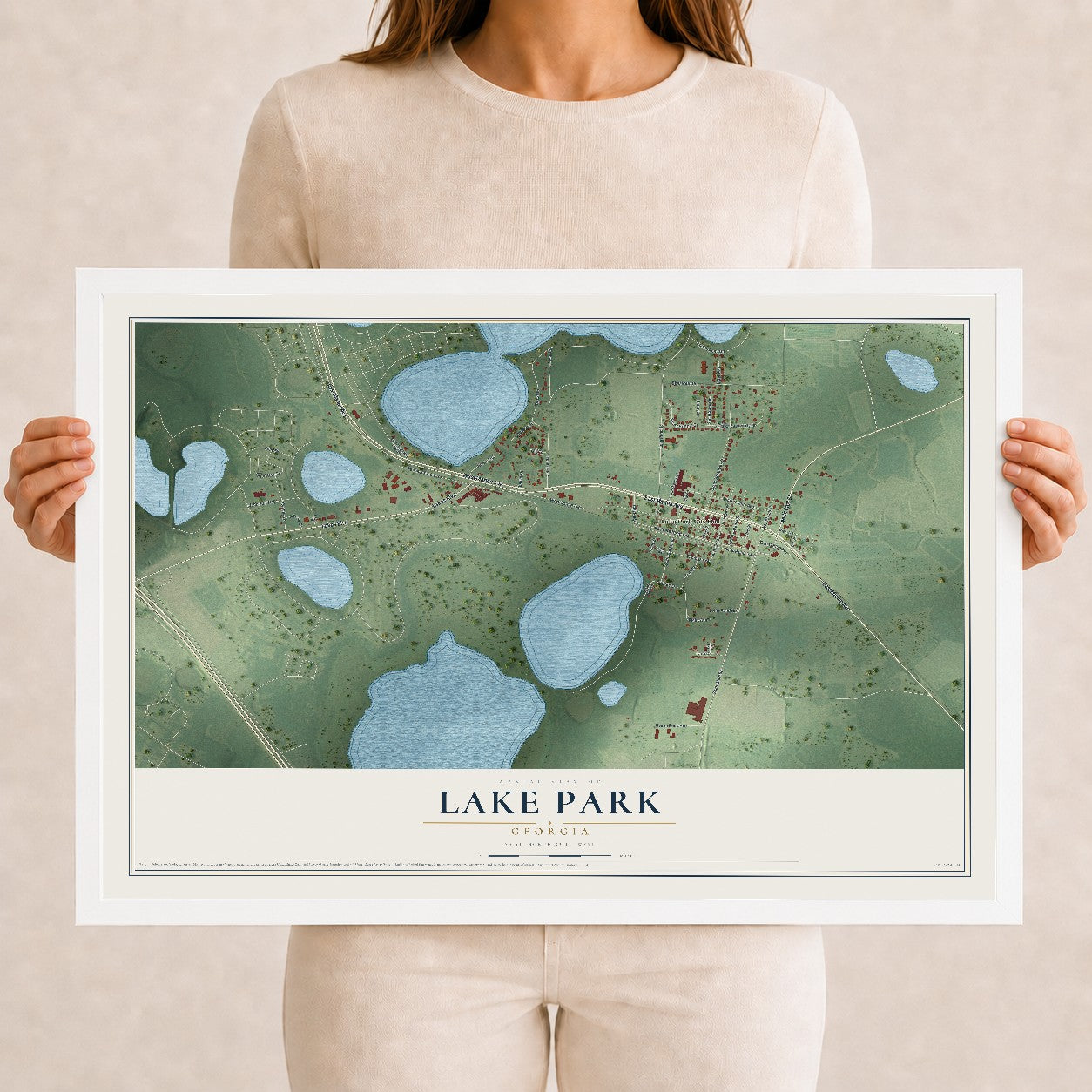 Lake Park, Georgia map print, 12" x 18" W/ White Ayous Wood Frame mockup