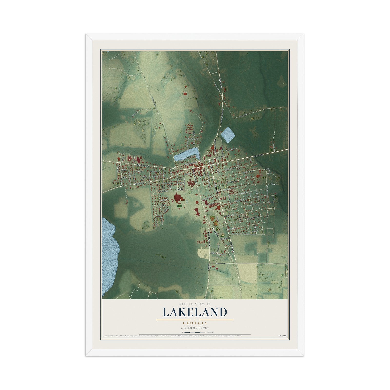 Lakeland, Georgia map print, 12" x 18" W/ White Ayous Wood Frame mockup